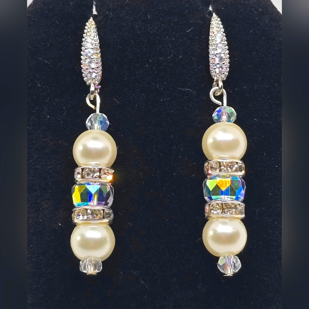 Faux Pearl and AB Crystal CZ Silver Tone Drop Earrings